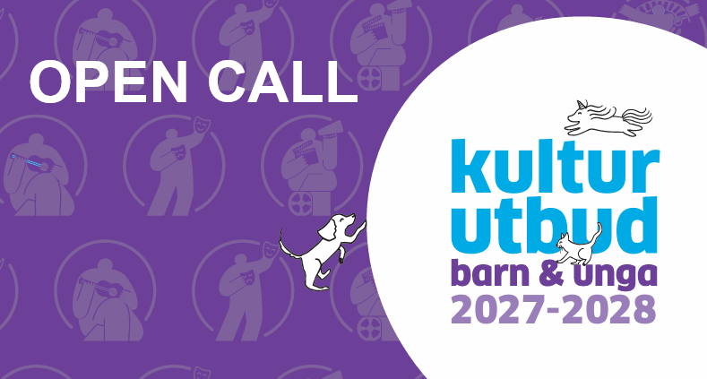 Affisch med texten "Open Call" och "Kulturutbud barn & unga 2027-2028" samt stiliserade figurer och en siluett av en hund.