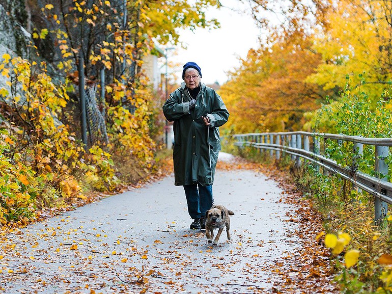 En senior ute på promenad med sin hund