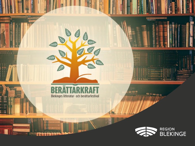 en tecknat träd som växer ur en bok. Texten berättarkraft Blekinges litteratur- och berättarfestival står under. 