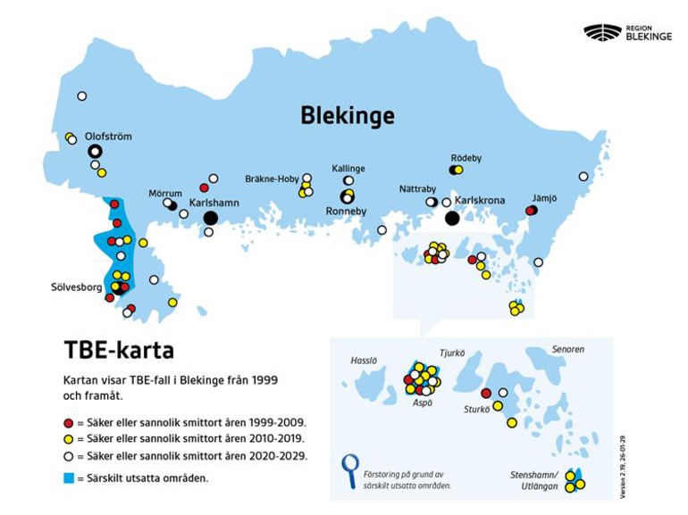 Karta över platser med säker eller sannolik smittort av TBE.