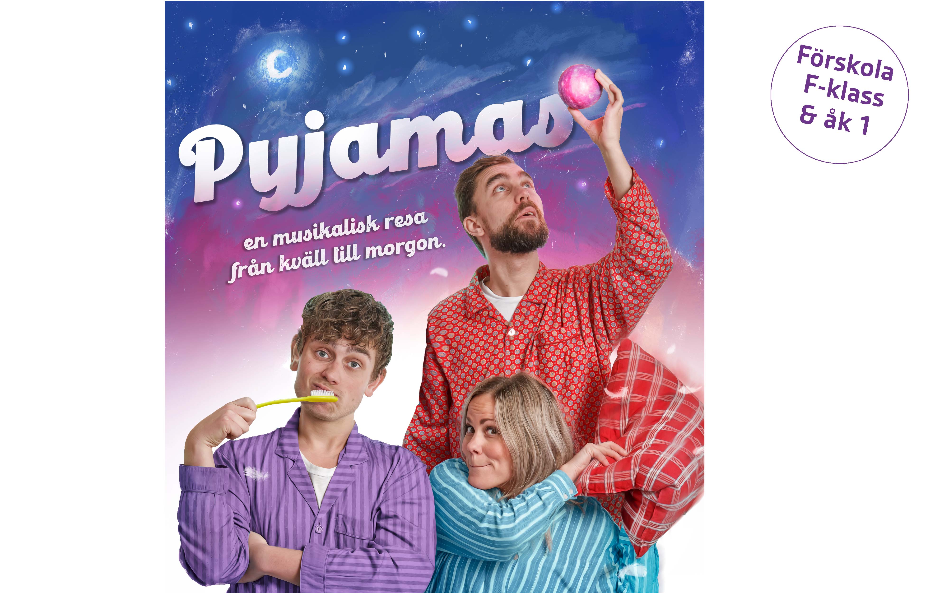 Mia Moilanen, Karl Ingvarsson och Albin Johansson iklädda pyjamas i olika färger