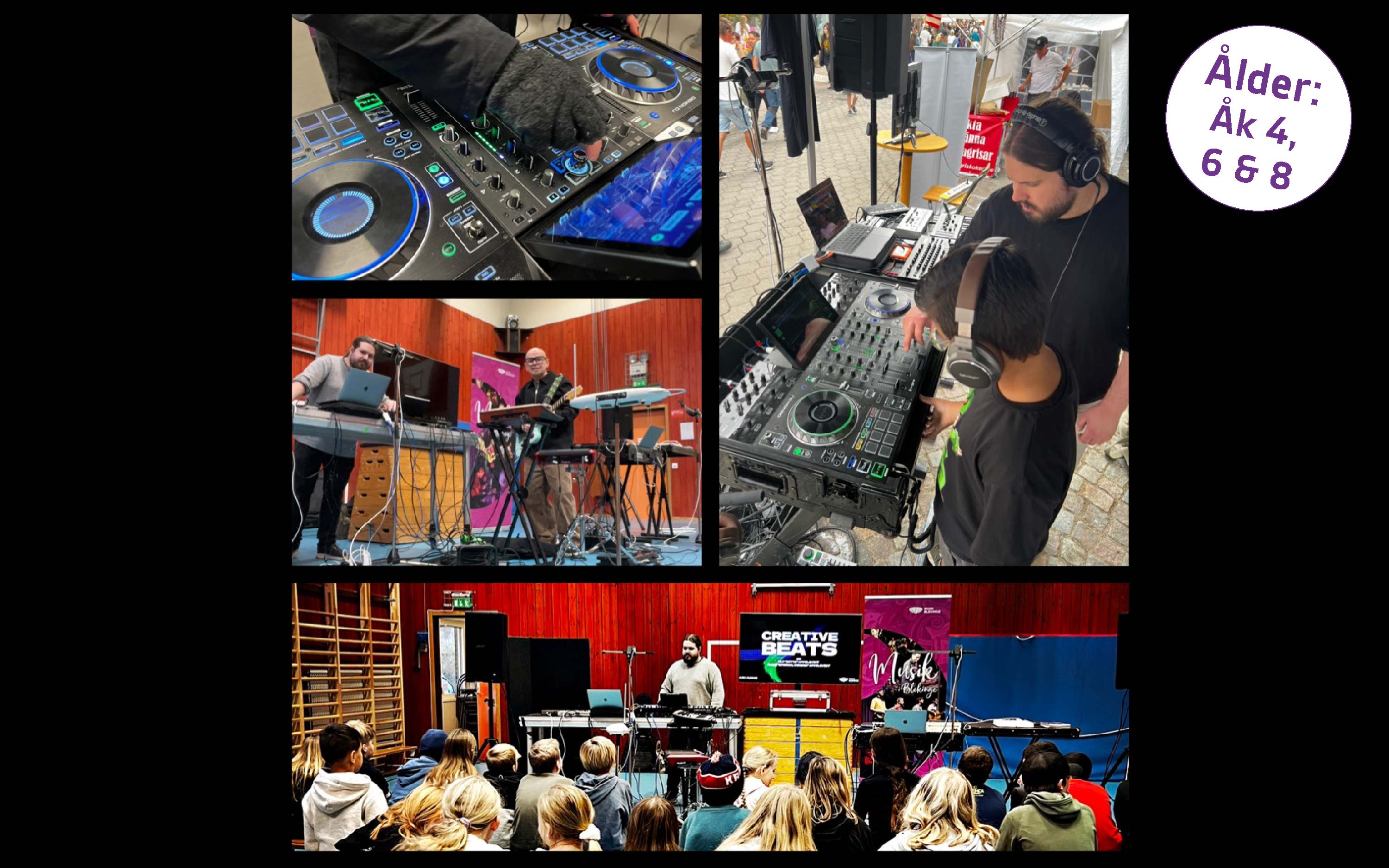 collage av bilder på utrustning för elektronisk musik samt personer som skapar musik på dem