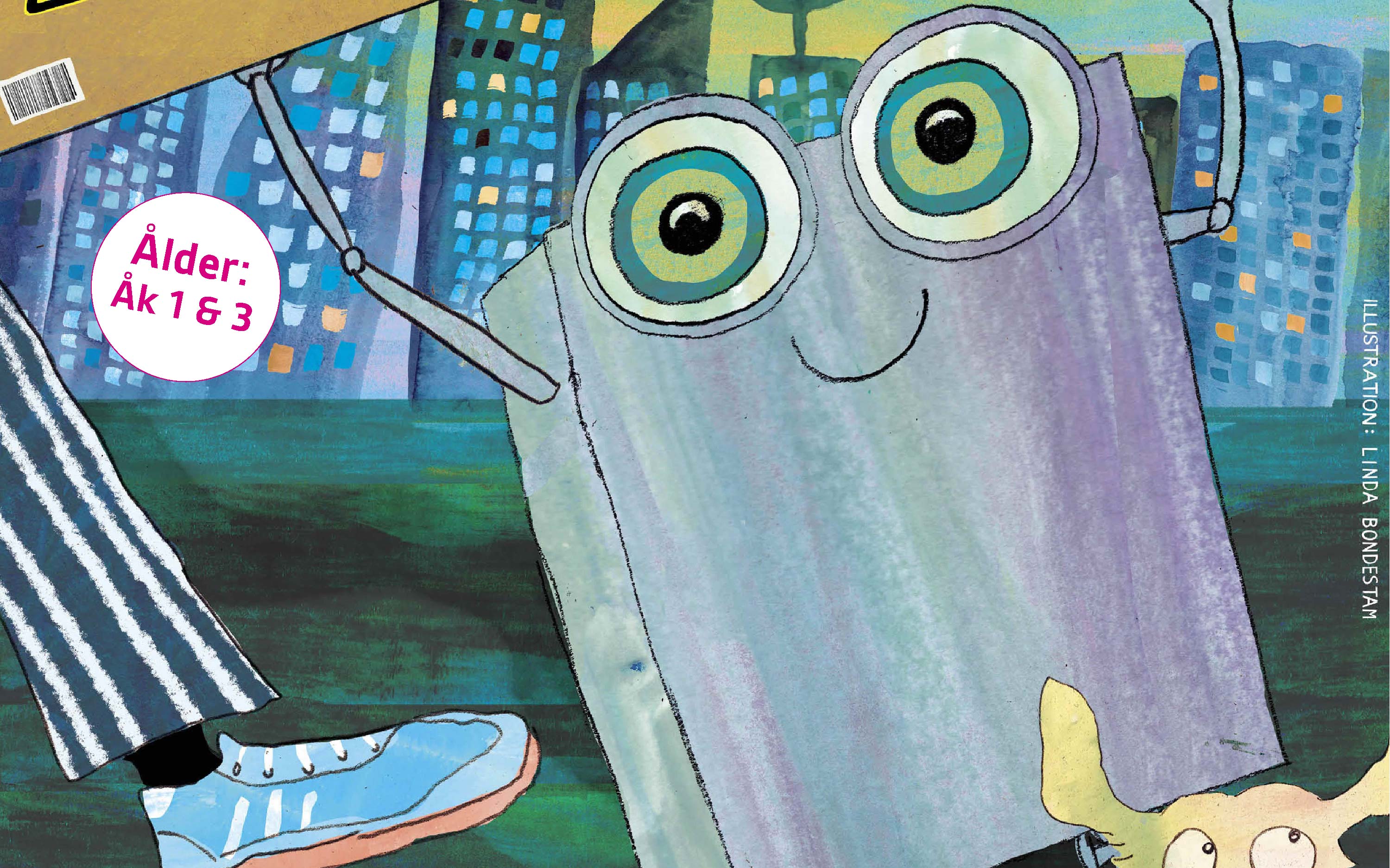 illustration av en glad robot med en stad i bakgrunden