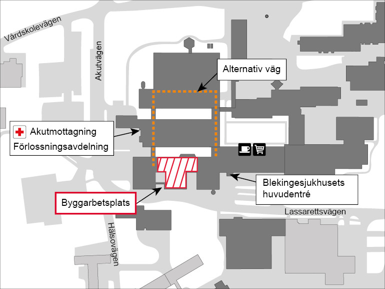 Karta som visar avstängningar i samband med byggarbete.