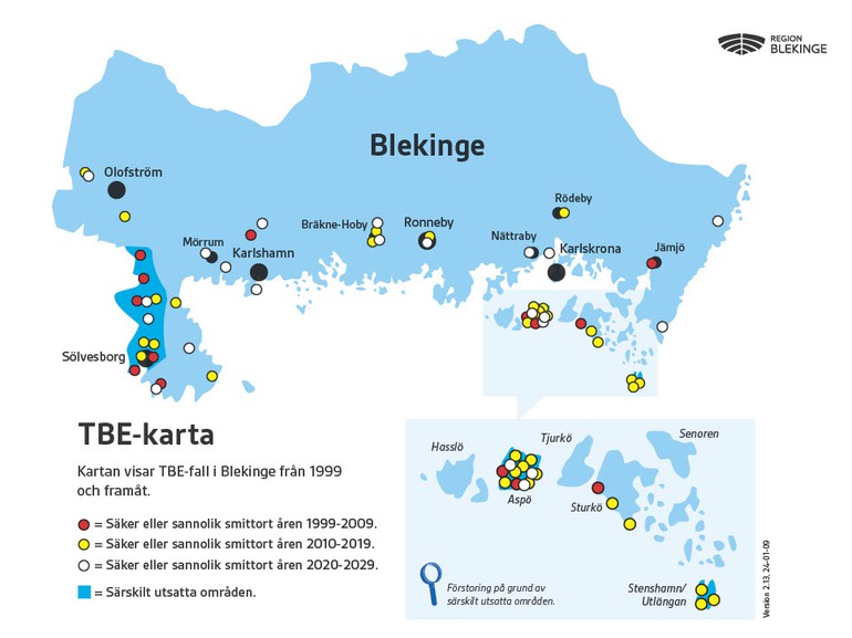 Karta som visar TBE-fall i Blekinge från 1999 och framåt.