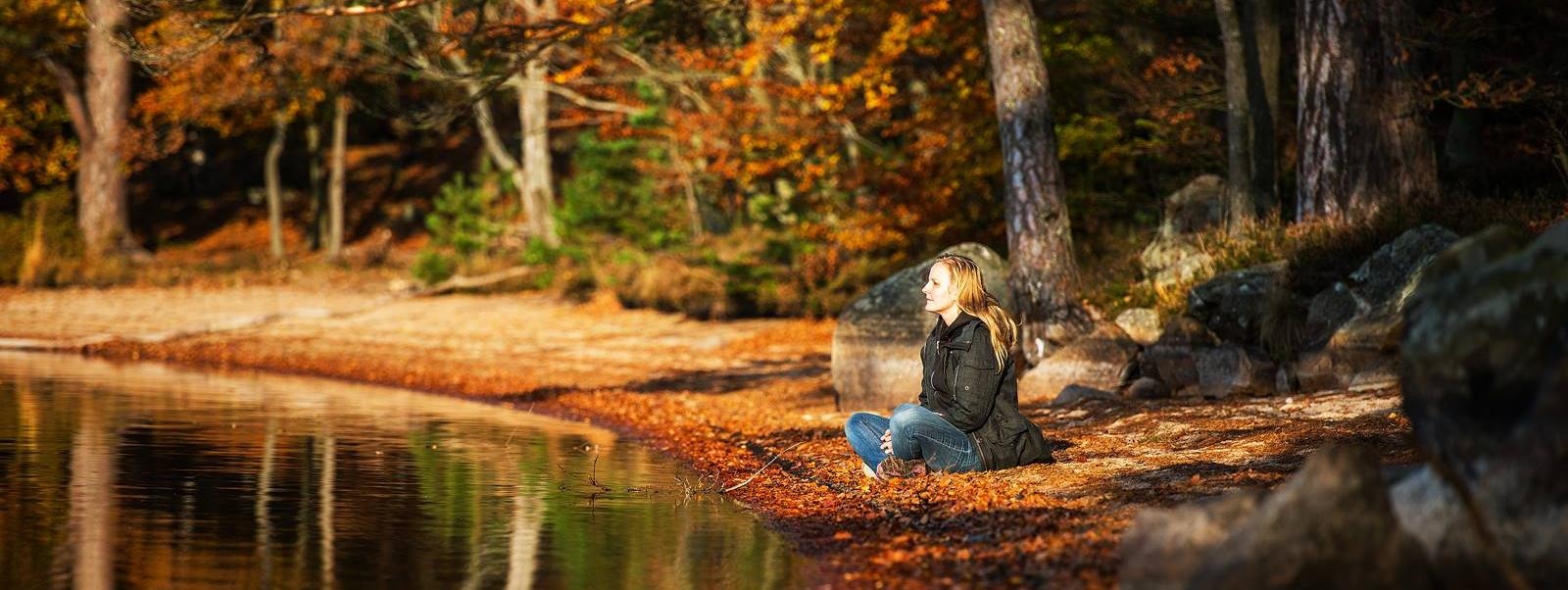 Bild på en person som sitter och tittar ut över en sjö i höstlandskap